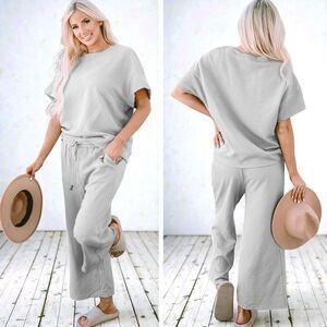 Gray Textured Lounge Set | Oversized T-Shirt and Wide Leg Pants | Boutique | NWT